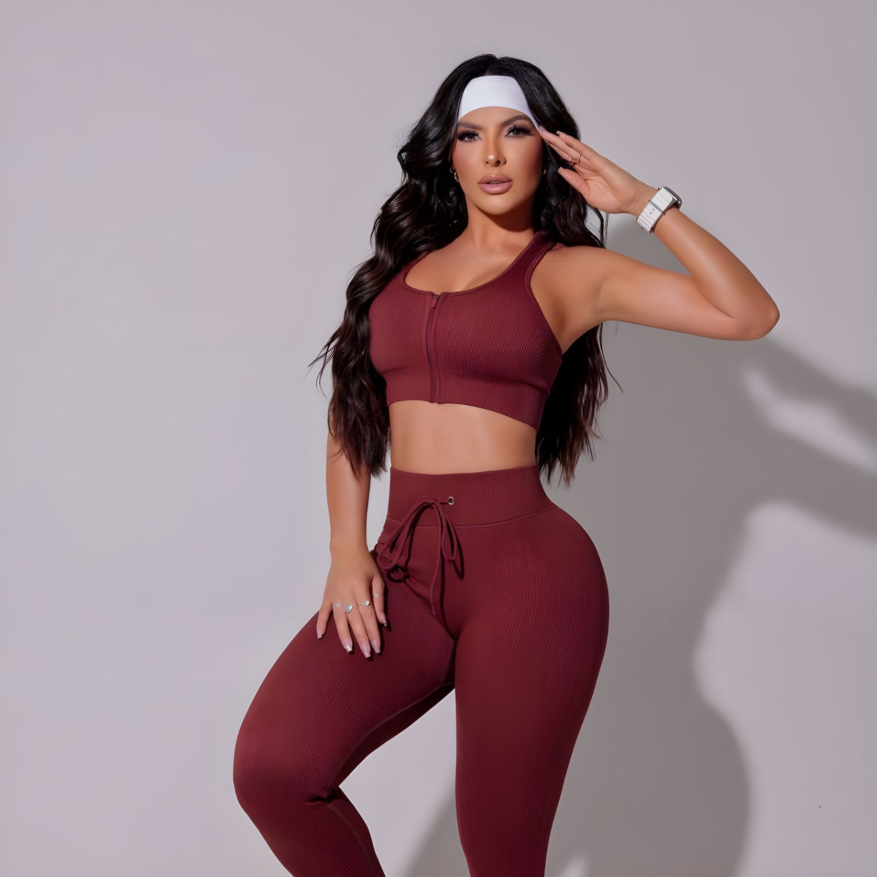 Conjunto Top com Zíper e Calça Legging Fitness Canelado Vinho - Vista Frontal