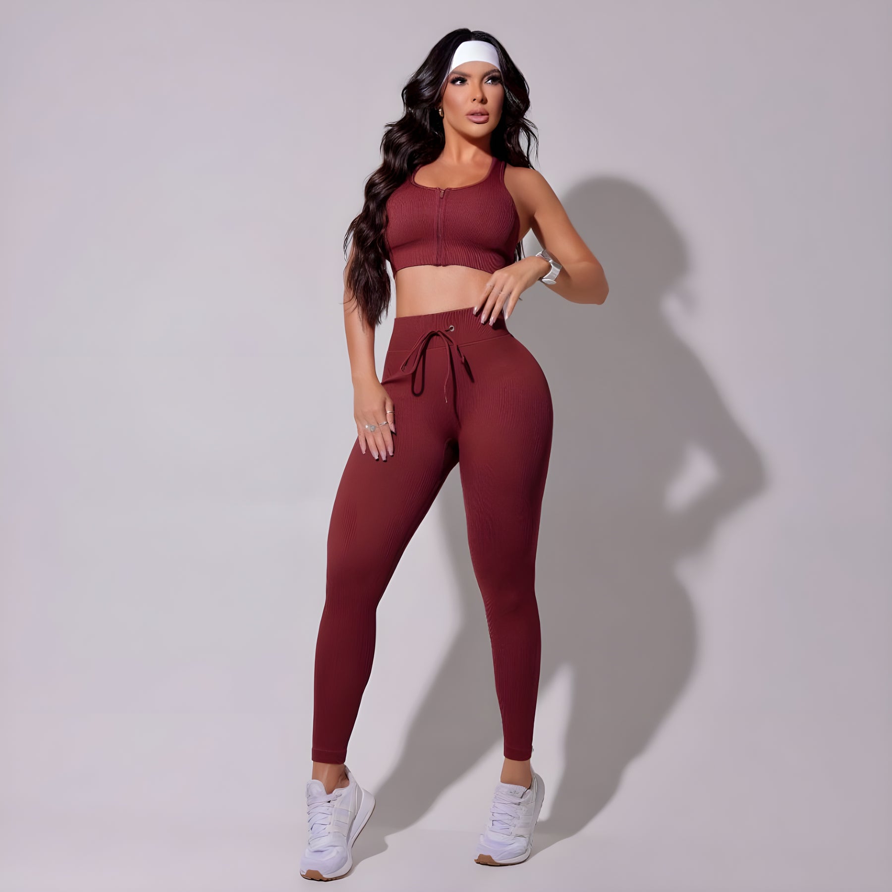 Detalhe do Tecido - Conjunto Top com Zíper e Calça Legging Fitness Canelado Vinho