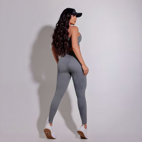 Detalhe do Tecido - Conjunto Top com Zíper e Calça Legging Fitness Canelado Cinza